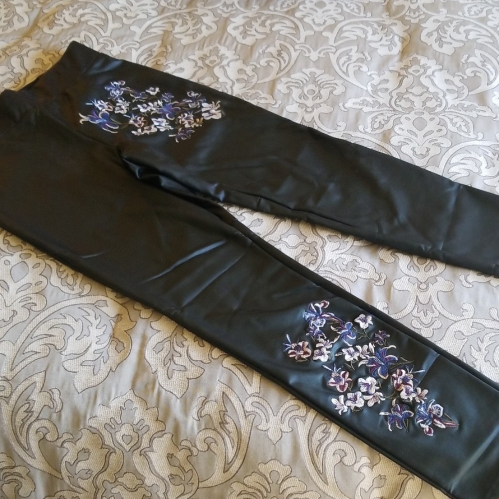 Black Pleather Floral Embroidered pants